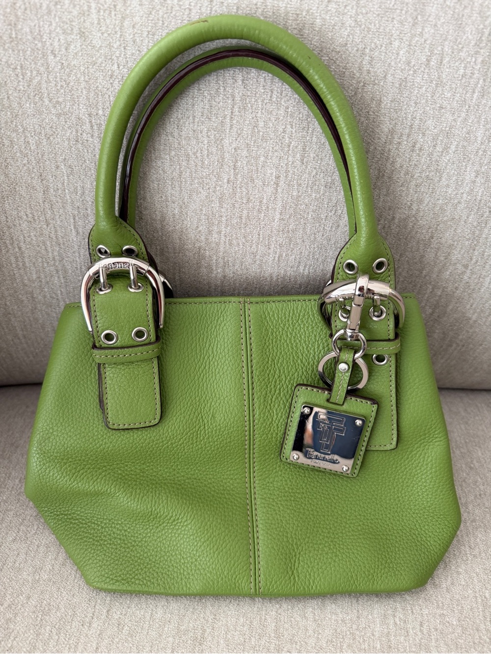 Tignanello Lime Green Pebbled Leather Satchel with Silver Hardware